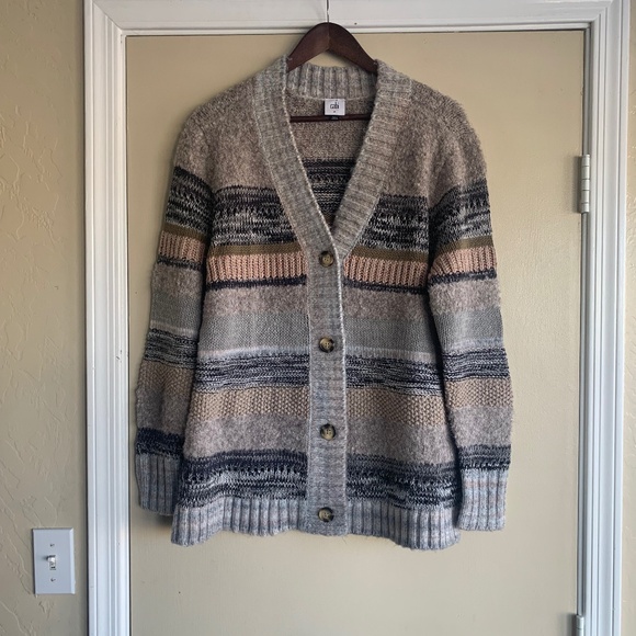 Cabi Boyfriend Button Cardigan Sweater Sz.M Neutral Browns Gray - Picture 1 of 11